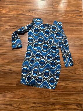 Custom African Ankara Blue Geometric Print Long Sleeve Dress
